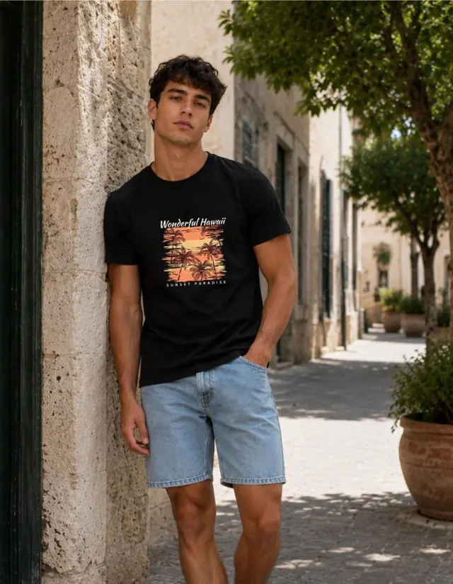 T-shirt Noshame® Μαύρο με τύπωμα Wonderful Hawaii - 162605 - XXL
