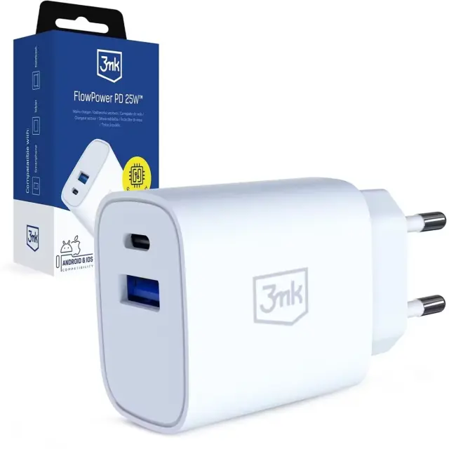 3mk® GaN FlowPower Φορτιστής με 1xUSB-A και 1xUSB-C 25W- White