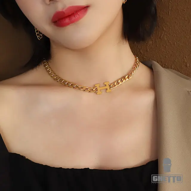 Ghetto H letter choker necklace women s Gold