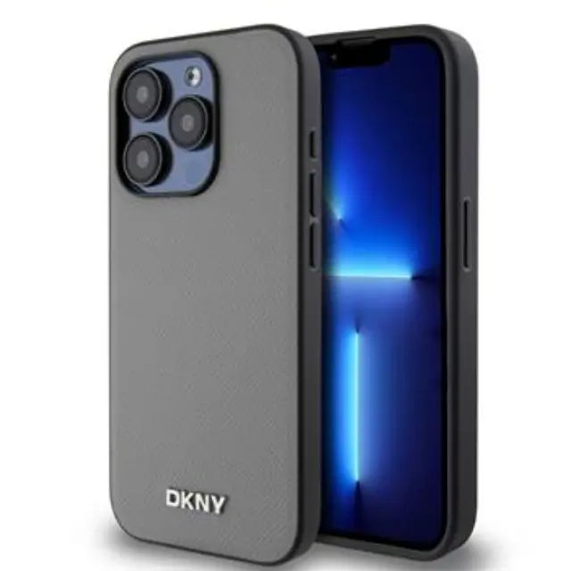 DKNY PU Leather Silver Metal Logo Magsafe Case for iPhone 15 Pro Grey