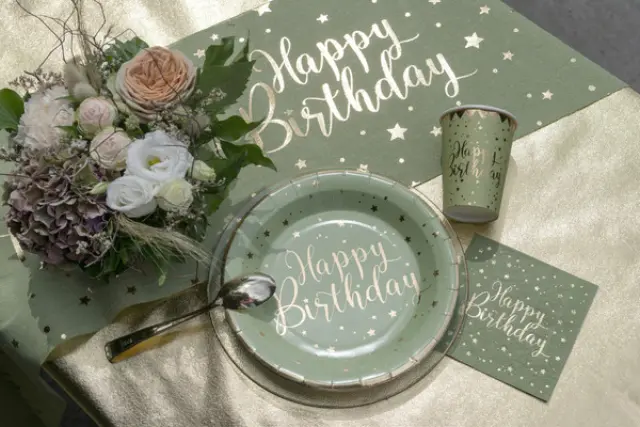 Πιάτα 23 εκ Happy Birthday Λαδί και Χρυσό / 10 τμχ.