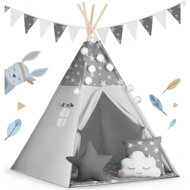 Nukido Παιδική σκηνή Teepee με γιρλάντα και φως σε γκρι χρώμα με μοτίβο αστεριάκια 120x120x165cm 2