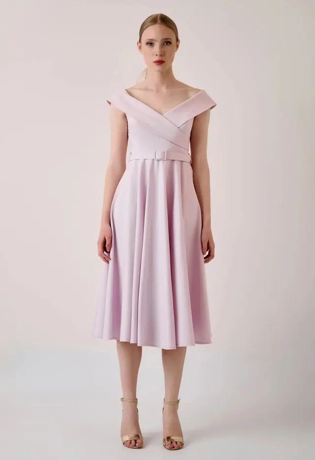 DESIREE Midi Off Shoulder Φόρεμα με Ζώνη Ροζ - L