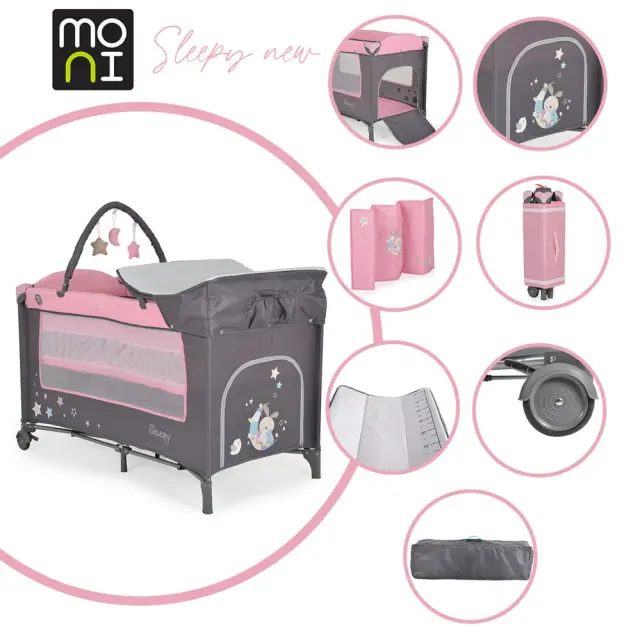 Moni Sleepy Παρκοκρέβατο 2 Επιπέδων με Αλλαξιέρα Pink 2
