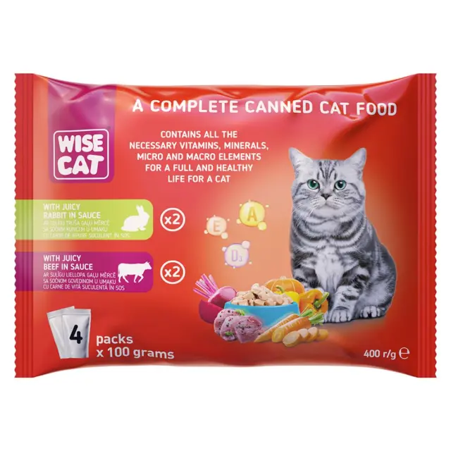 Wise Cat With Juicy Rabbit in Sauce & Juicy Beef In Sauce 4x100gr