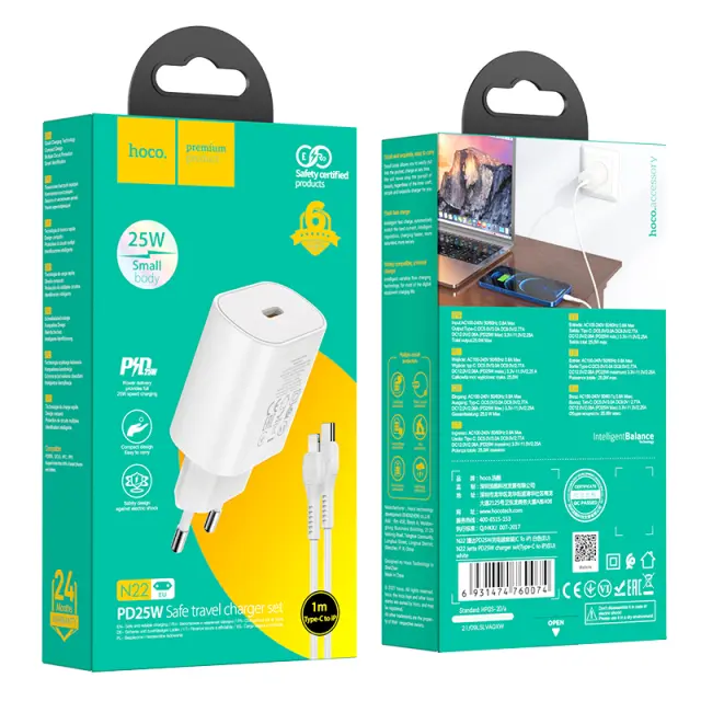 Hoco Φορτιστής με Θύρα USB-C και Καλώδιο Lightning 25W Λευκός N22 3