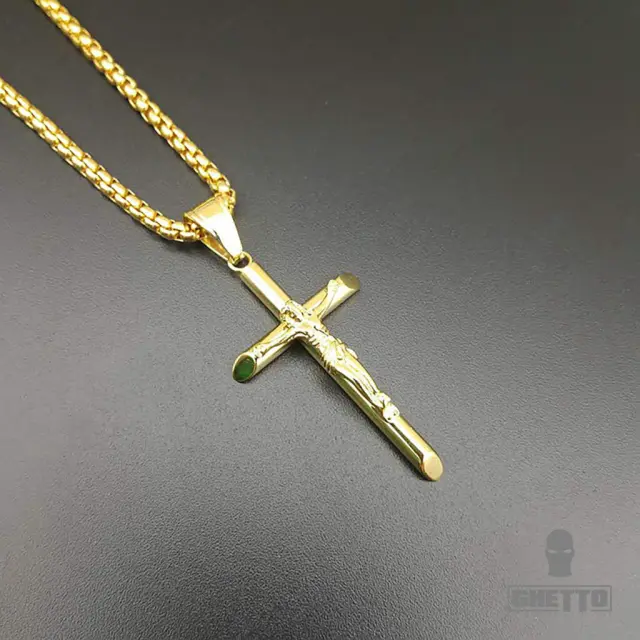 Ghetto Jesus Cross Necklace Stainless Steel Gold