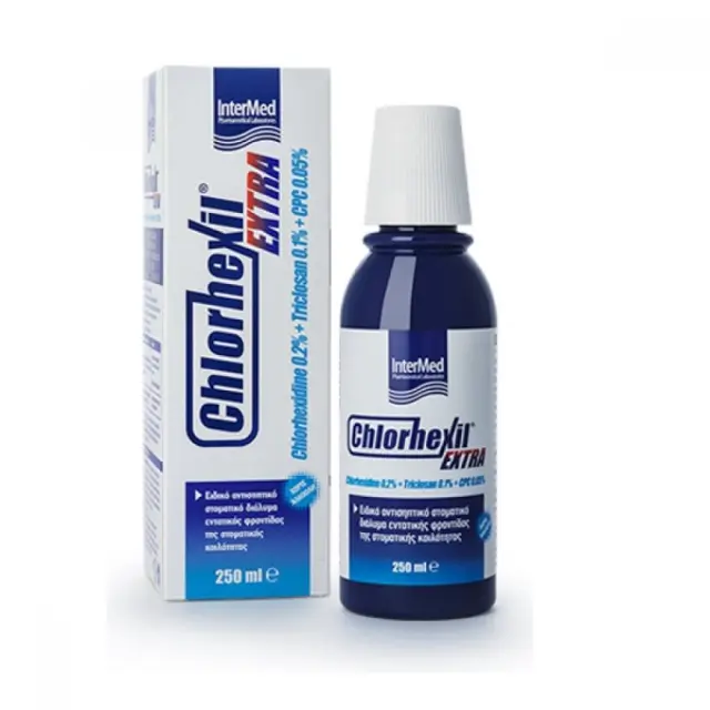 Intermed | Chlorhexil Extra |Στοματικό Διάλυμα Χλωρεξιδίνης 0,20% , Triclosan 0.1% , cpc 0.05% χωρίς οινόπνευμα | 250 ml 3