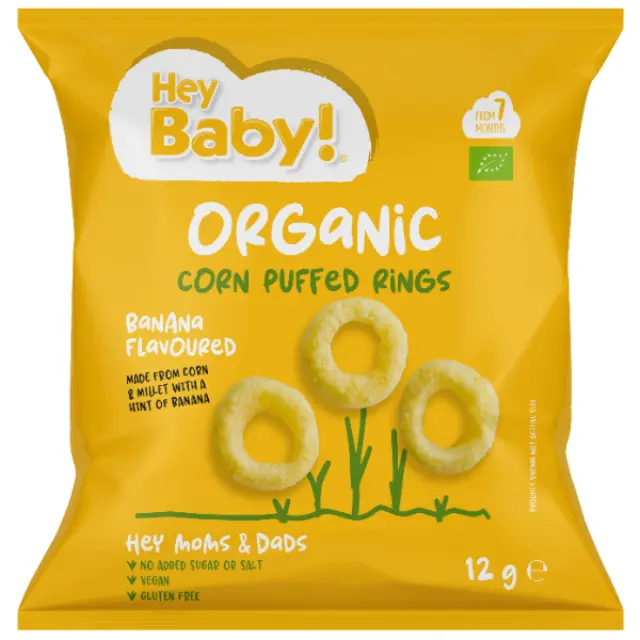 Hey Baby! Organic Corn Puffs Banana Flavoured Βιολογικό Σνακ Καλαμποκιού με Γεύση Μπανάνα, 12g