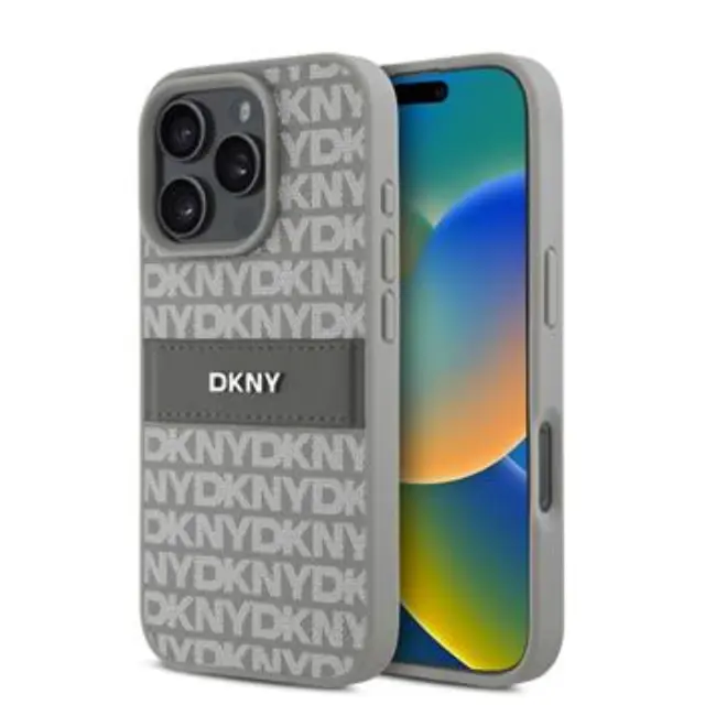 DKNY PU Leather Repeat Pattern Tonal Stripe Case for iPhone 16 Pro Max Beige