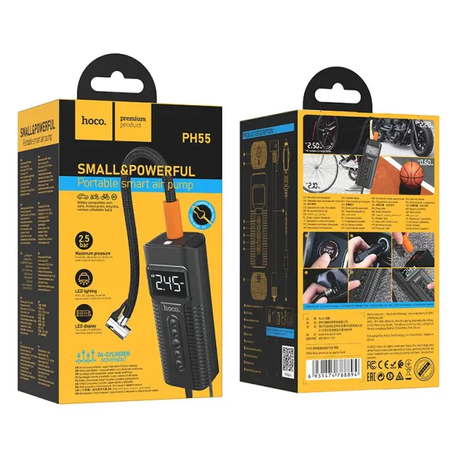 Smart Air Pump Hoco PH55 Roys 2.5 bar Πίεση Αέρα με Led Ένδειξη Λειτουργιών και Led Φακό Μαύρο 2
