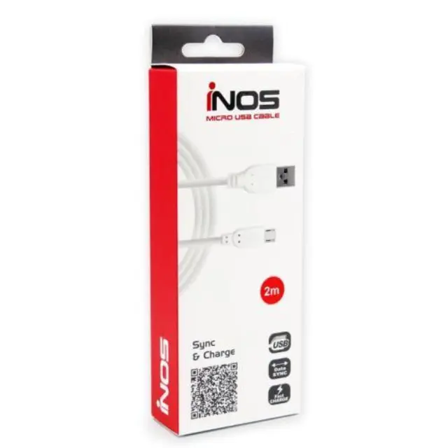 Καλώδιο Σύνδεσης USB 2.0 inos USB A σε Micro USB 10W 2m Λευκό N24426