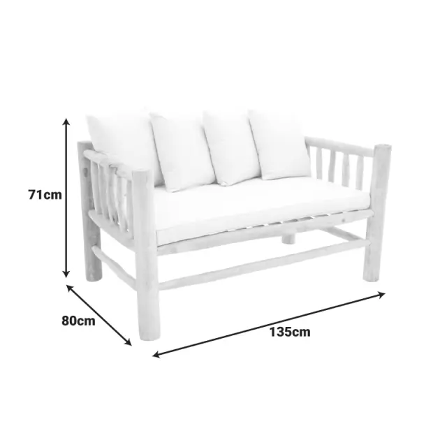 Καναπές διθέσιος Guada pakoworld teak ξύλο σε φυσική απόχρωση και λευκό μαξιλάρι 135x80x71εκ 2