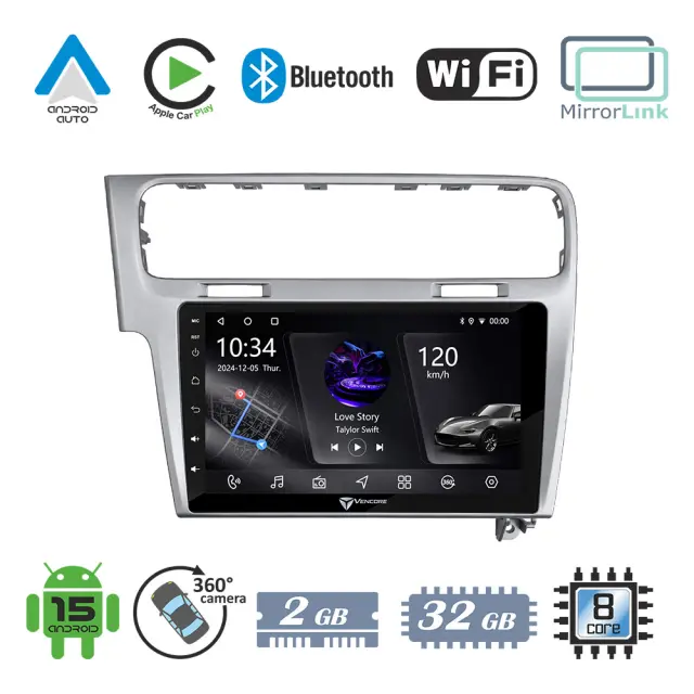 VenCore Οθόνη Multimedia Android 15 10" PX5S Octa-Core 2GB/32GB IPS με Πρόσοψη, CarPlay, Android Auto και Υποστήριξη Κάμερας 360° για Volkswagen Golf 7 2013-2021 – Ασημί (3236-10006-0003S)