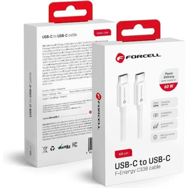 Cable USB C to USB C Forcell F-Energy QC4.0 PD 3A 60W 1 m C338 white