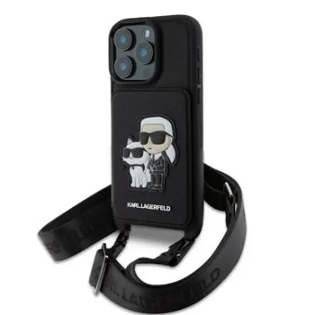 Karl Lagerfeld Saffiano Crossbody Strap Karl and Choupette Case for iPhone 16 Pro Black