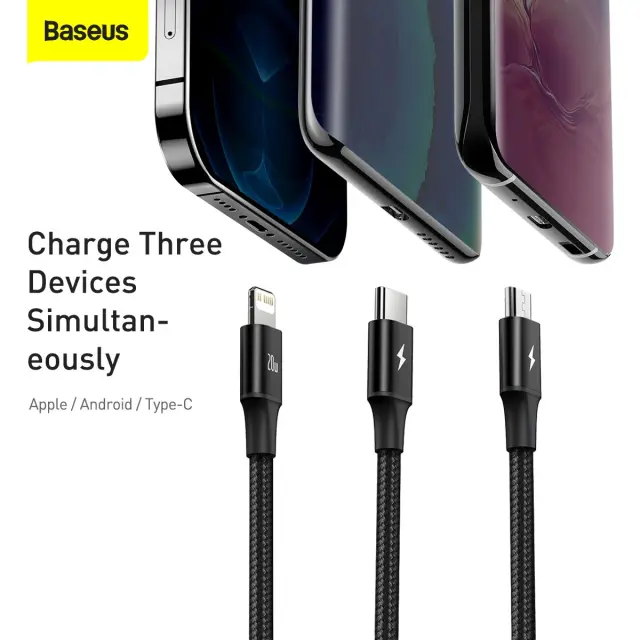 Baseus Rapid Series 3in1 Fast Charging Cable USB-C - USB-C/Lightning/MicroUSB 20W 1.5m Black 3