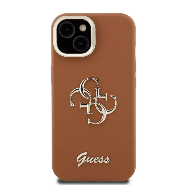 Guess PU Grained 4G Logo Stand Camera Frame Case for iPhone 15 Pro Brown