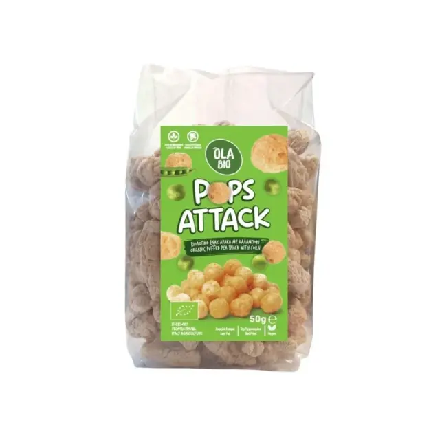Ola Bio Pops Attack Organic Puffed Pea Snack with Corn, Βιολογικά Σνακ με Αρακά & Καλαμπόκι 50gr
