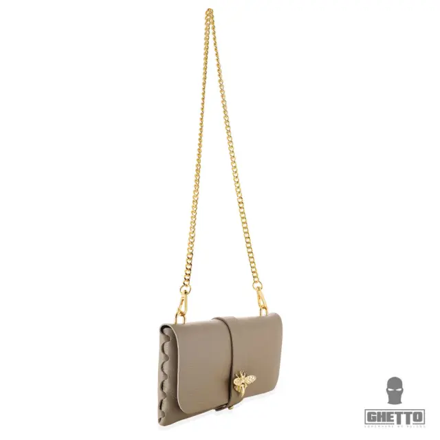 Ghetto Queen Bee Detail Leather Clutch Bag with Chain Strap BROWN