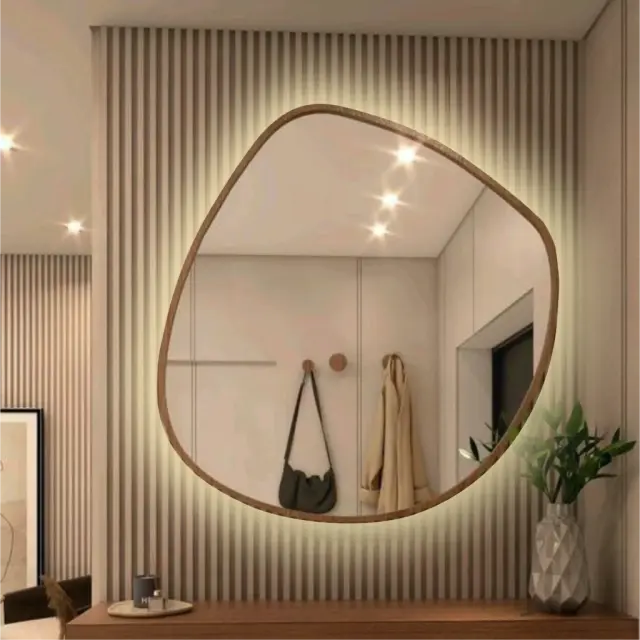 Stewehome Καθρέφτης Τοίχου με LED και Ξύλινη Καμπυλωτή Κορνίζα 90x18x90 cm 3