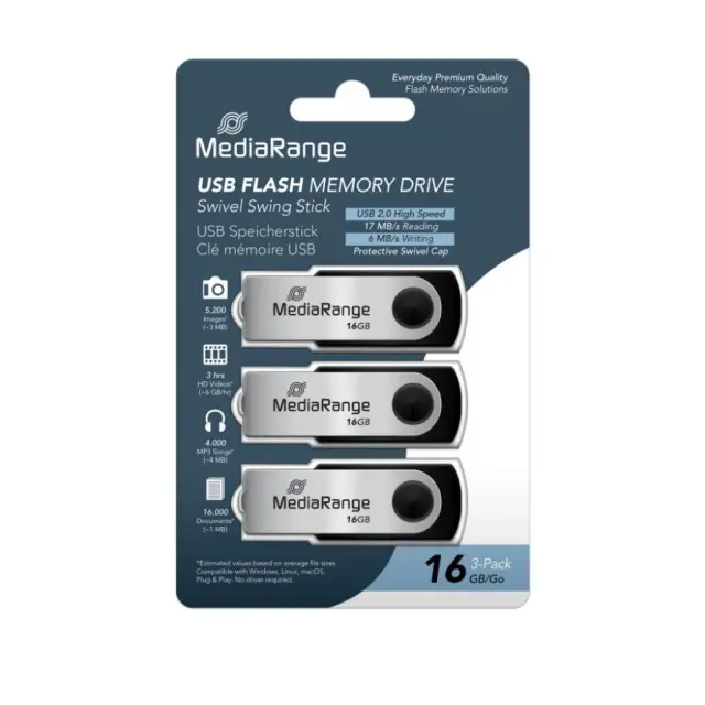 MediaRange USB flash drives, 16GB, Pack 3 (MR910-3) MR SSD & USB FLASH DRIVES & MEMORY CARDS