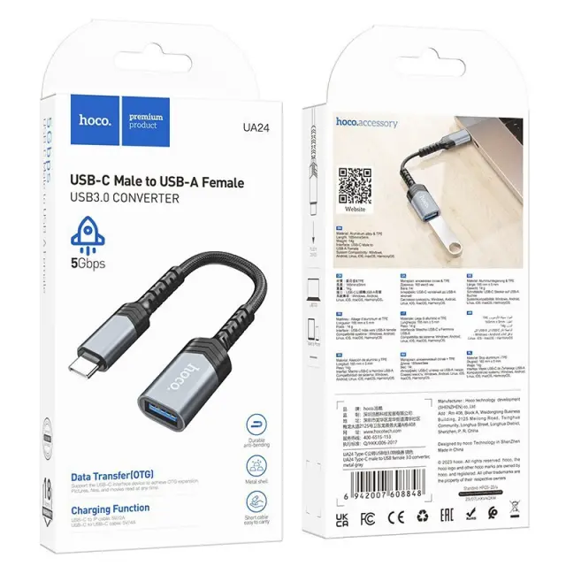 Αντάπτορας Hoco UA24 USB-C σε USB 3.0 με Λειτουργία OTG 5Gbps Δυνατότητα Φόρτισης 5V/4A και Κοντό Anti-bending Καλώδιο Γκρι 2
