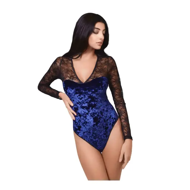 Milena Body Bikini Βελούδο με Δαντέλα, Χρώμα Μπλε