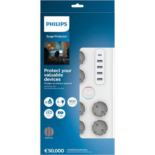 Πολύπριζο Ασφαλείας Philips SPN7060WA/GRS - 6x Schuko - 4x USB-A, 1x USB-C - Με Διακόπτη On/Off - Καλώδιο 2m - ΛευκόSPN7060WA/GRS 2