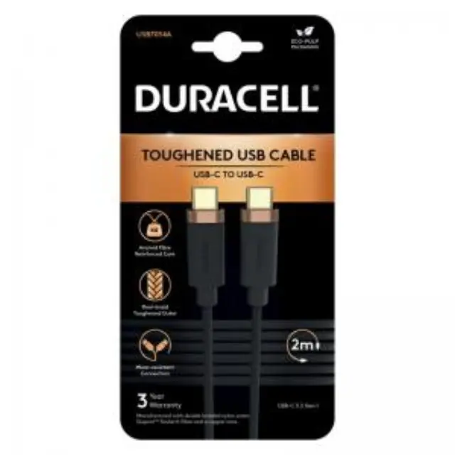 Καλώδιο Σύνδεσης USB 3.2 Duracell Braided Kevlar USB C σε USB C 63W 2m Μαύρο N64757 2