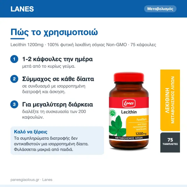 Lanes Lecithin 1200mg Συμπλήρωμα Διατροφής Με Λεκιθίνη 75 Κάψουλες 3