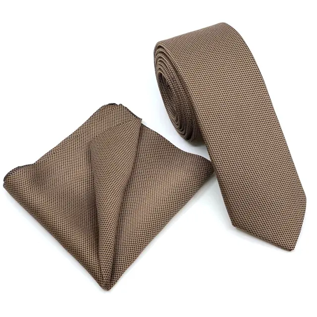 Καφέ Light Brown Γραβάτα Oxford 6,5 cm με Ασορτί Μαντήλι