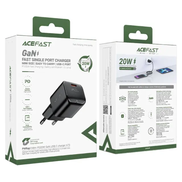 Φορτιστής Ταξιδίου Acefast A73 Mini Fast Charging 1xUSB-C PD20W QC3.0 GaN Μαύρος 2