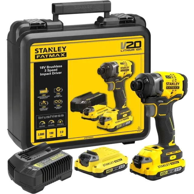 Stanley Fatmax SFMCF820D2K - Brushless Κρουστικό Κατσαβίδι Μπαταρίας 18V σε Βαλίτσα Μεταφοράς με Φορτιστή και 2 Μπαταρίες 2.0Ah (2×2.0Ah)