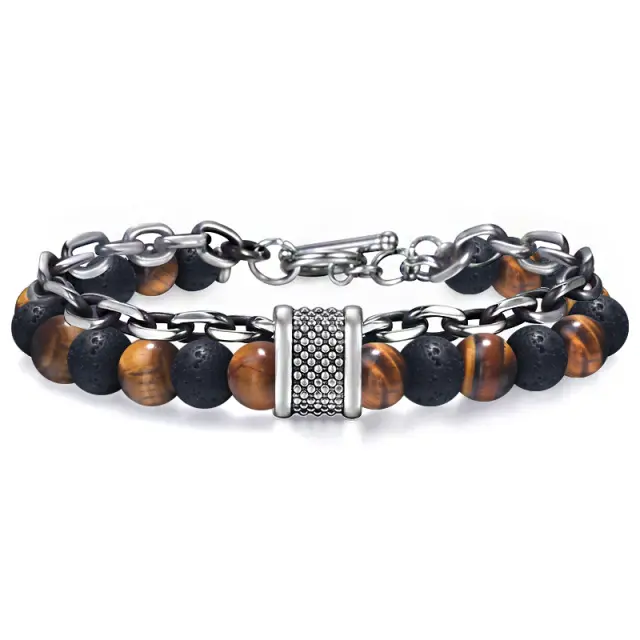Tiger Eye Lava Stone Βραχιόλι Ανοξείδωτο Ατσάλι