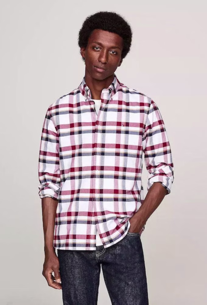 Tommy Hilfiger Ανδρικό Πουκάμισο Βαμβακερό Καρό με Κανονική Γραμμή Μπορντo Μπορντό - L