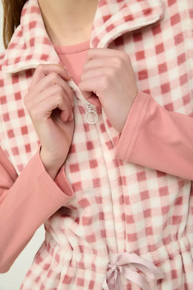 Γυναικείο Καρό Fleece Γιλέκο Vamp 23325 PINK TAN 2