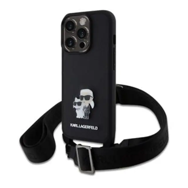 Karl Lagerfeld Saffiano Crossbody Strap Metal Karl and Choupette Case for iPhone 15 Pro Black