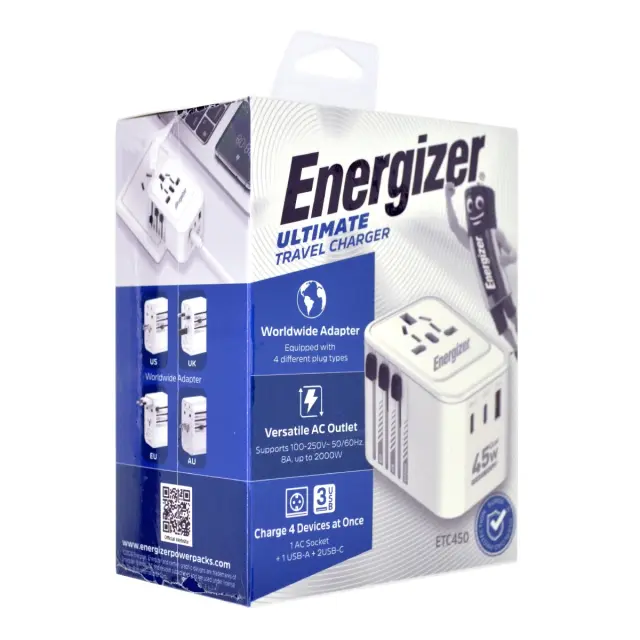 Παγκόσμιος Φορτιστής Ταξιδίου Energizer ETC450 US/AU UK EU με 1xUSB-A 30W και 2xUSB-C 45W/12W GaN Λευκός 2