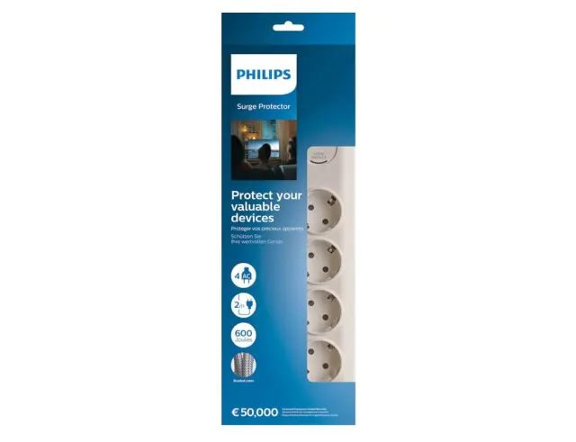 Πολύπριζο Ασφαλείας Philips SPN7040WA/GRS - 4x Schuko - Με Διακόπτη On/Off - Προστασία Υπέρτασης - Καλώδιο 2m - ΛευκόSPN7040WA/GRS 2