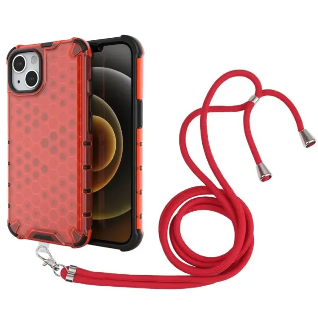 Θήκη Σιλικόνης με Κορδόνι για το Λαιμό Για iPhone 13/14 - Honeycomb Κόκκινο OEM