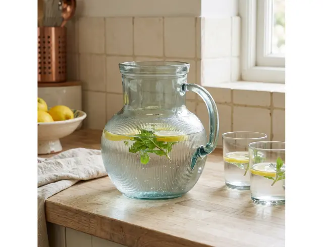 Κανάτα με χερούλι Glass Drops Ribbed (3198) Από ανακυκλωμένο γυαλί, Χωρητικότητας 2.3L, Διαστάσεων Ø 20 x Υ 20 cm 3198