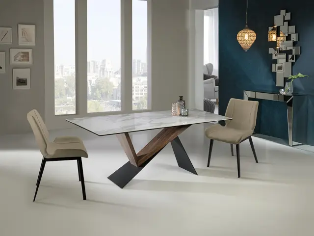Noa 742350 – Τραπεζαρία 180x90 με Μαύρη Μεταλλική Βάση & Laminated Porcelain Top WHITE/ WALNUT Άσπρο Μαύρο Σκούρο ξύλο