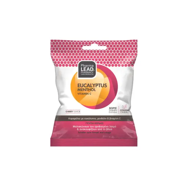PharmaLead Eucalyptus, Menthol & Vitamin C Cough, Cherry Flavor Καραμέλες με Ευκάλυπτο, Μενθόλη & Βιταμίνη C, Γεύση Κεράσι, 40gr