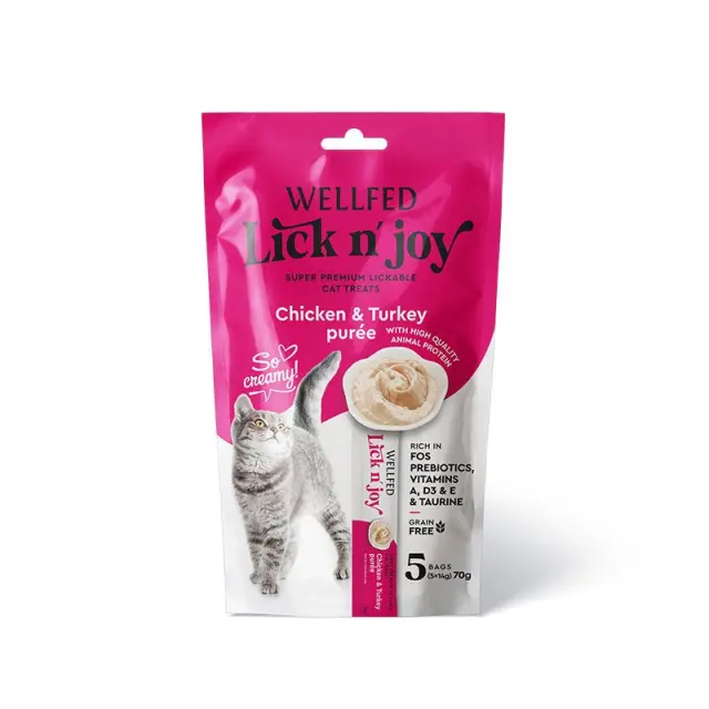 Wellfed Lick N' Joy Λιχουδιά σε Κρέμα με Γεύση Κοτόπουλο & Γαλοπούλα για Γάτες (5x14gr) Μονόχρωμο