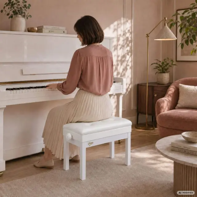 V-TONE PB4 WH piano keyboard bench white upholstered musician seat storage compartment adjustable 49-57 cm up to 140 kg 3
