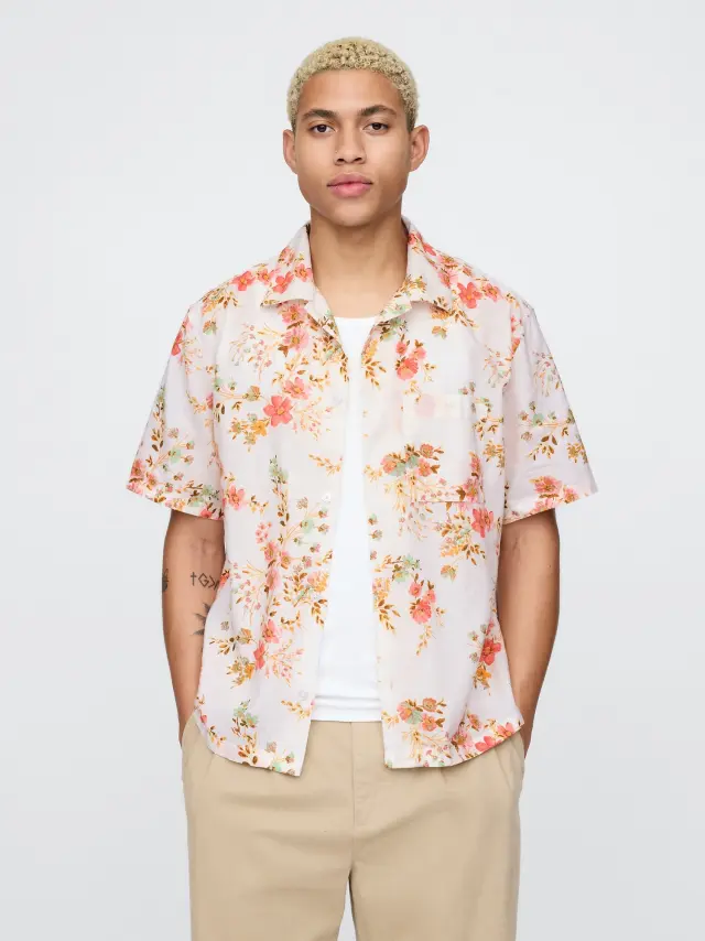Λινό-Βαμβακερό Πουκάμισο White floral print