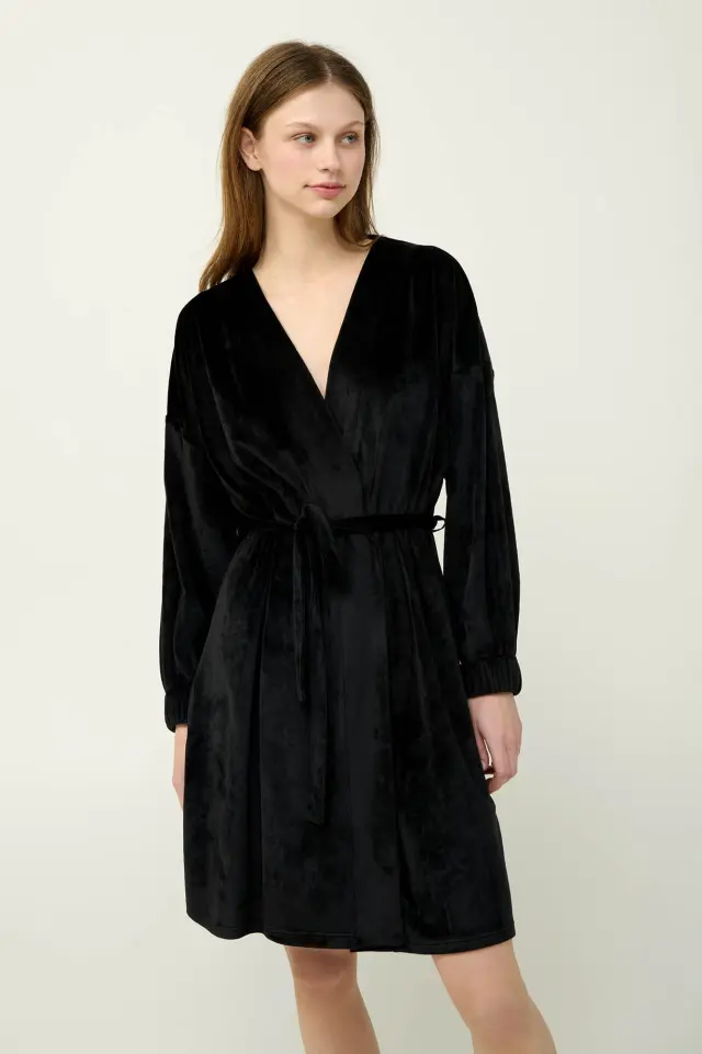 Μονόχρωμη Γυναικεία Velvet Ρόμπα Vamp 23086 BLACK