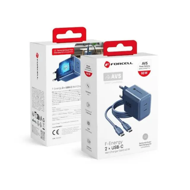 Charger Forcell F-Energy GaN III 2x USB C AVS SSFC3.0 60W + cable USB C to USB C VT-60 dark blue