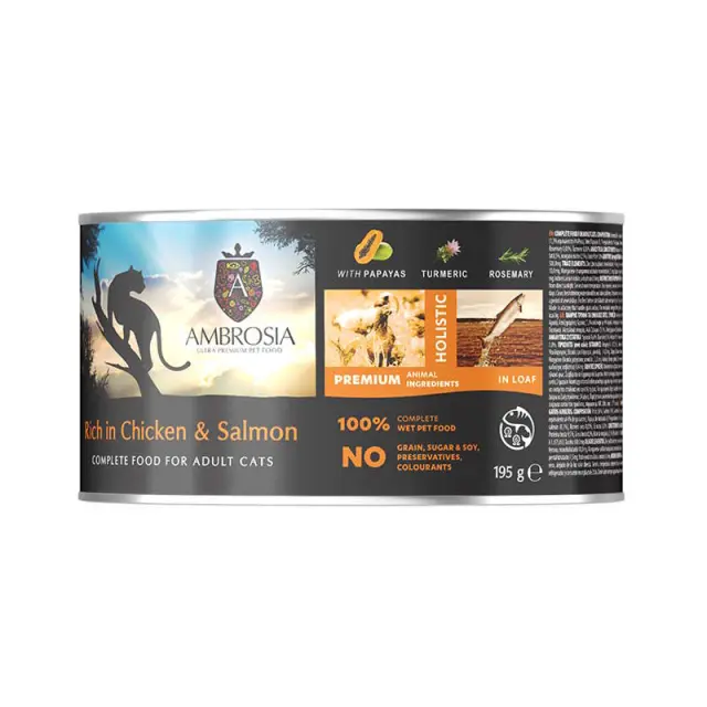 Ambrosia Κονσέρβα Γάτας Chicken & Salmon with Papayas 195gr Μονόχρωμο